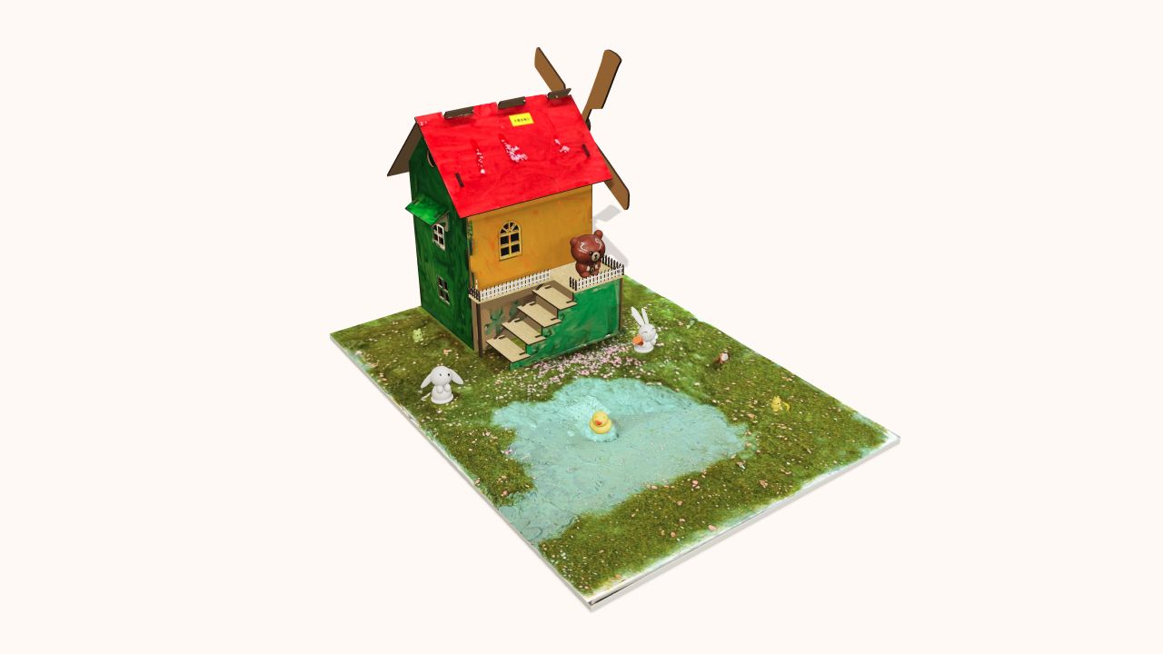 风车小屋三维模型，彩色小屋与风车立在花园里，周围有小熊、两只兔子和池塘中的小鸭。